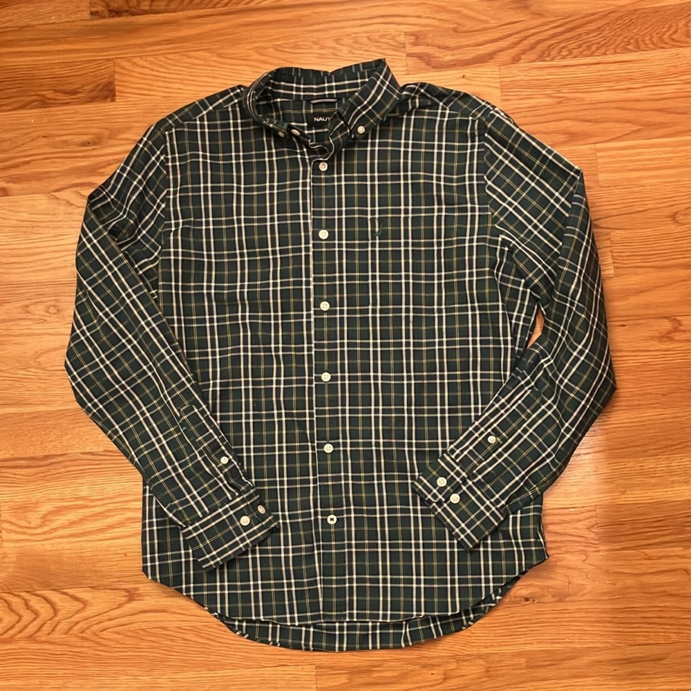 Nautica medium green navy yellow plaid long sleeve shirt